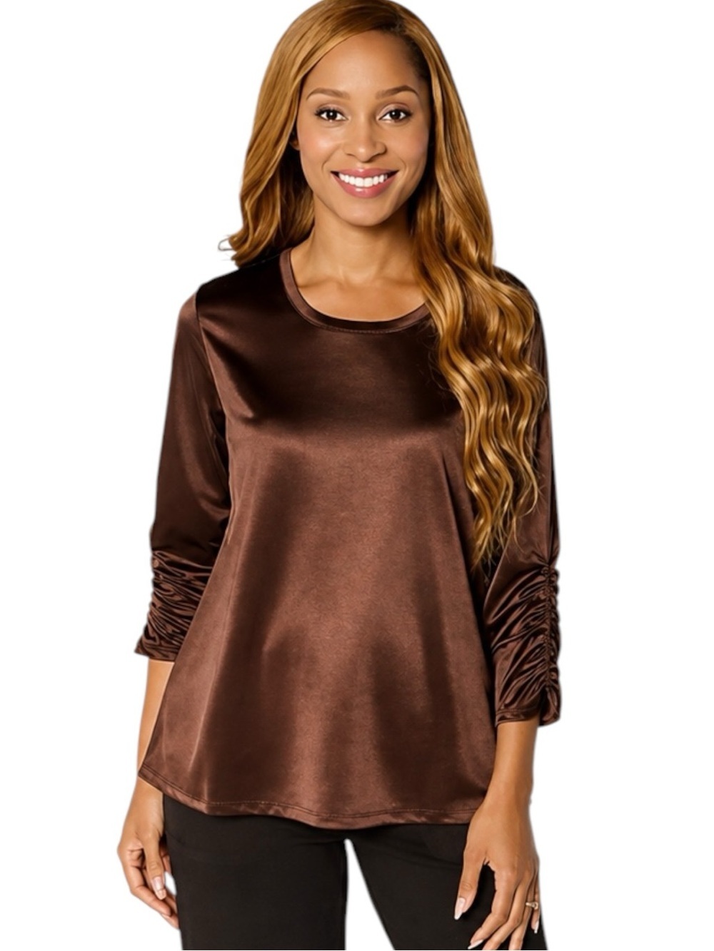 Logo by Lori Goldstein Satin Knit Long 3/4 Sleeve Tunic Top Size Large, Brown